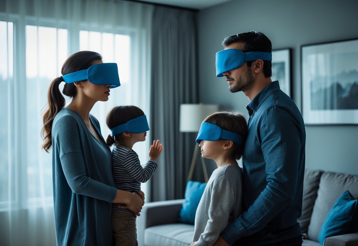 Two adults and a child wearing blindfolds standing together inside a dimly lit living room, looking cautious and protective.