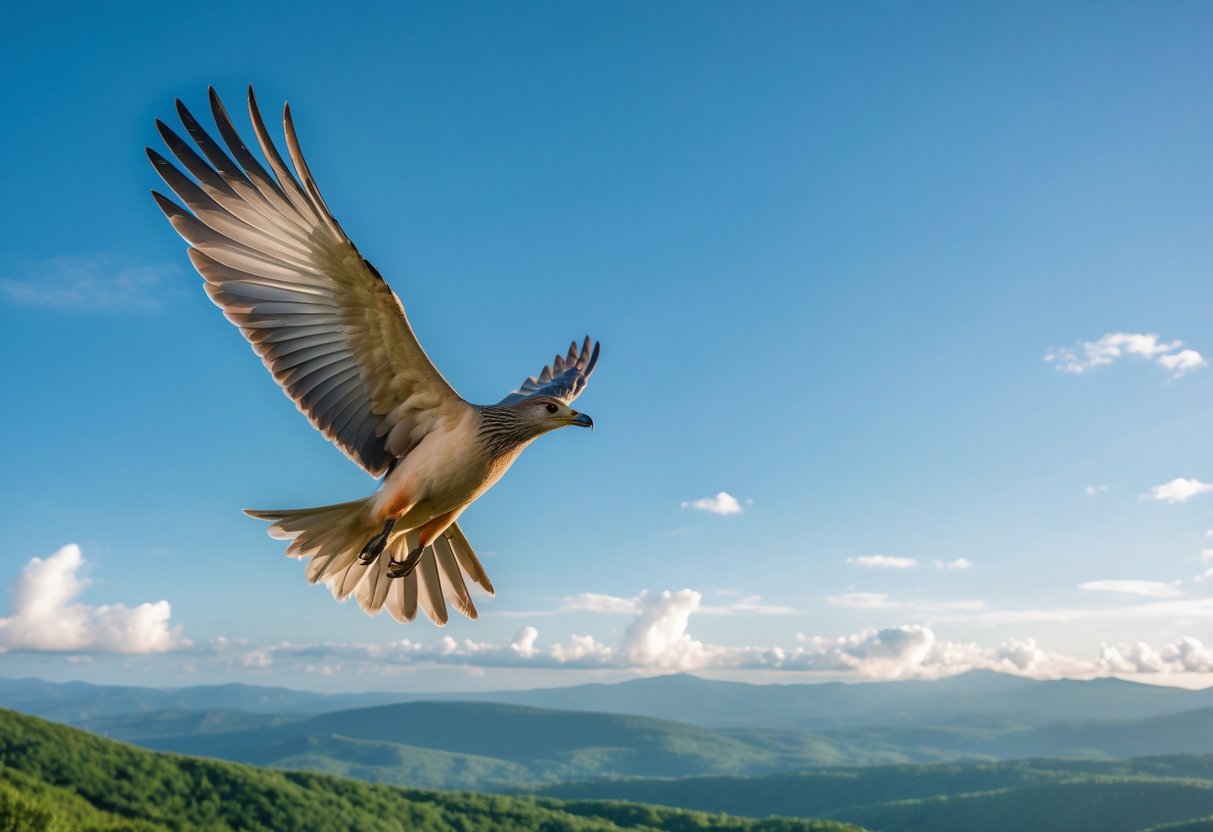 A bird flying high in the clear sky over green fields and distant mountains.
