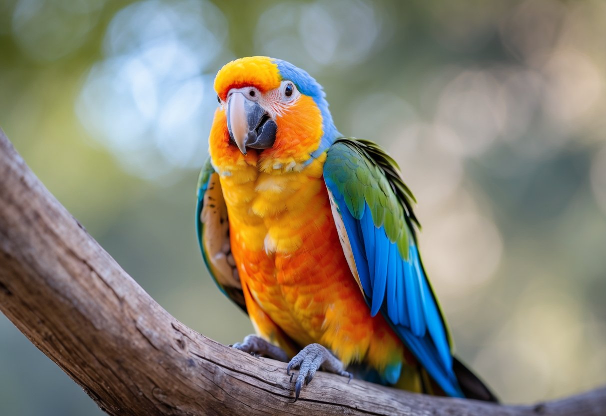 A colorful parrot perched on a wooden branch looking at the camera with a natural background.
