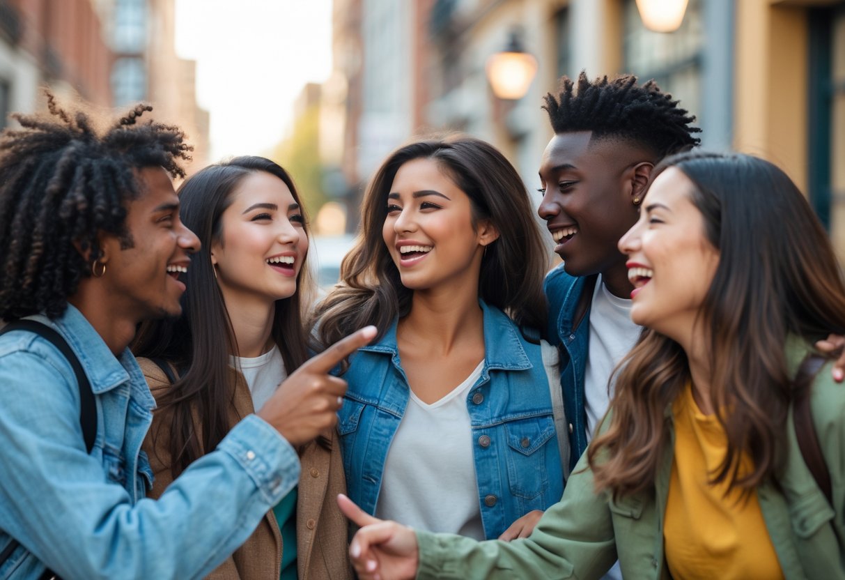 A group of friends laughing and talking together on a city street.