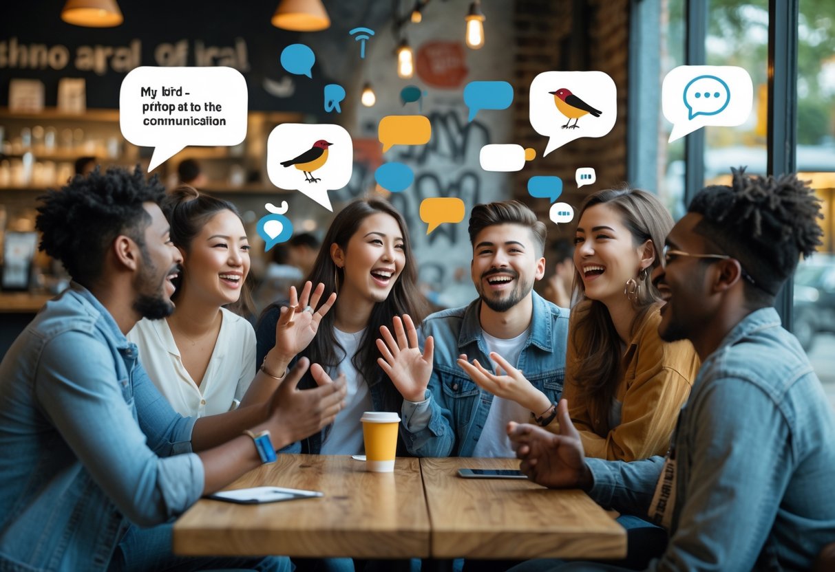 A group of young adults talking and laughing together outdoors, with one person gesturing as they speak.