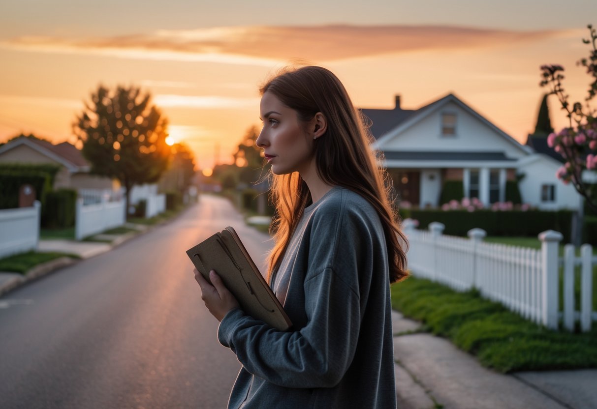 A young woman stands alone on a suburban street at sunset, holding a notebook and looking thoughtful.