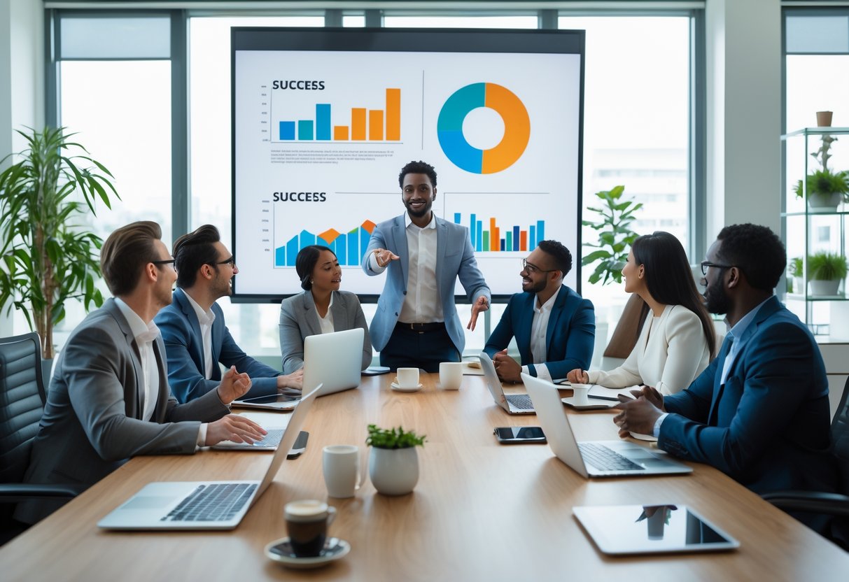 A group of people having a discussion around a conference table with laptops and a screen showing charts in a bright office.