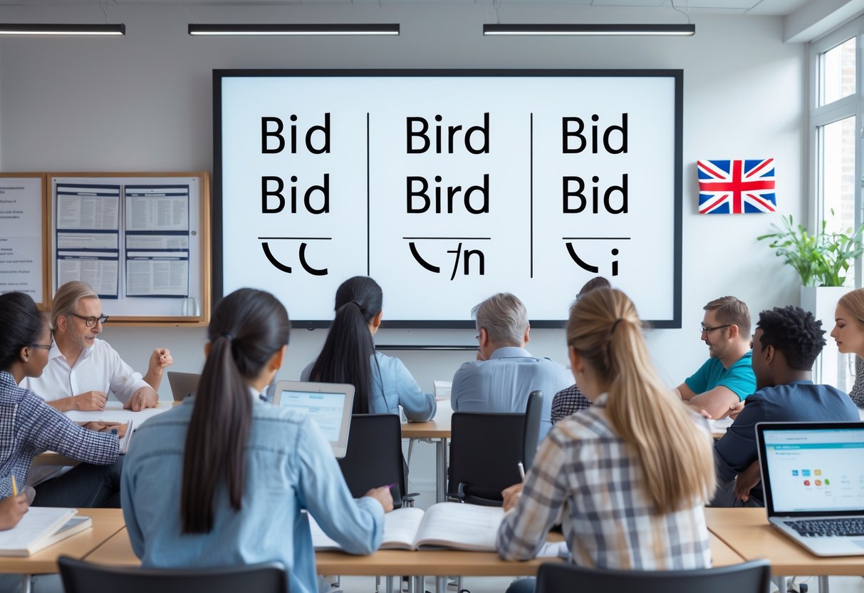 A classroom scene with students learning British English phonetics, featuring a whiteboard showing the phonetic transcription of the word bird.