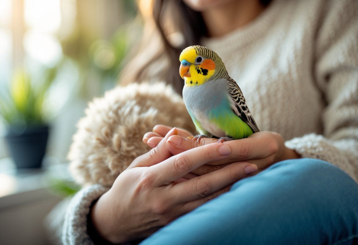 A person gently cuddling a small colorful bird perched on their hand near their chest in a cozy indoor setting.