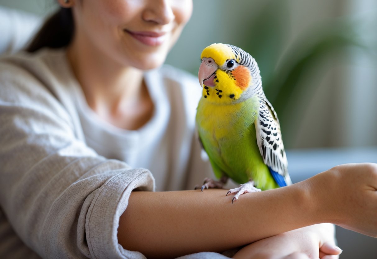 A person gently cuddling a small colorful pet bird perched on their hand, both appearing calm and comfortable indoors.