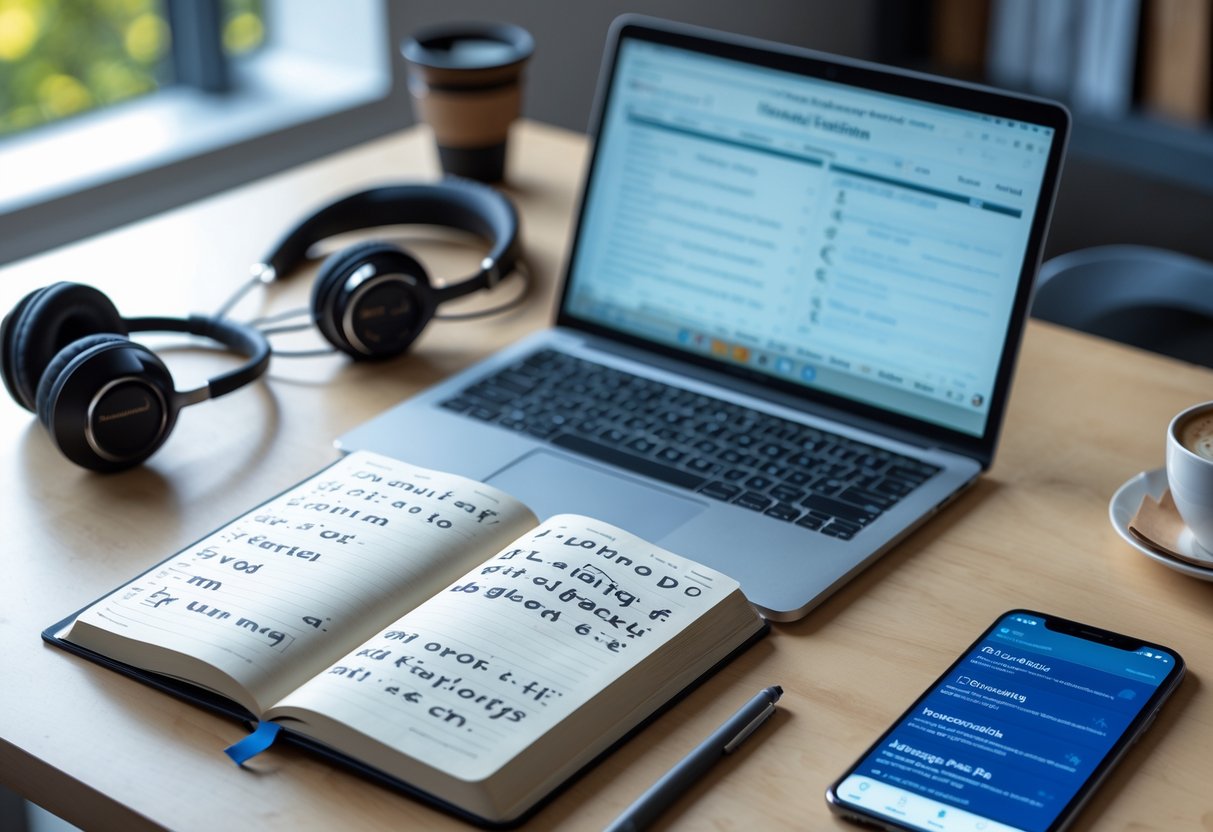 A workspace with notebook, laptop, dictionary, headphones, and smartphone arranged for language learning.