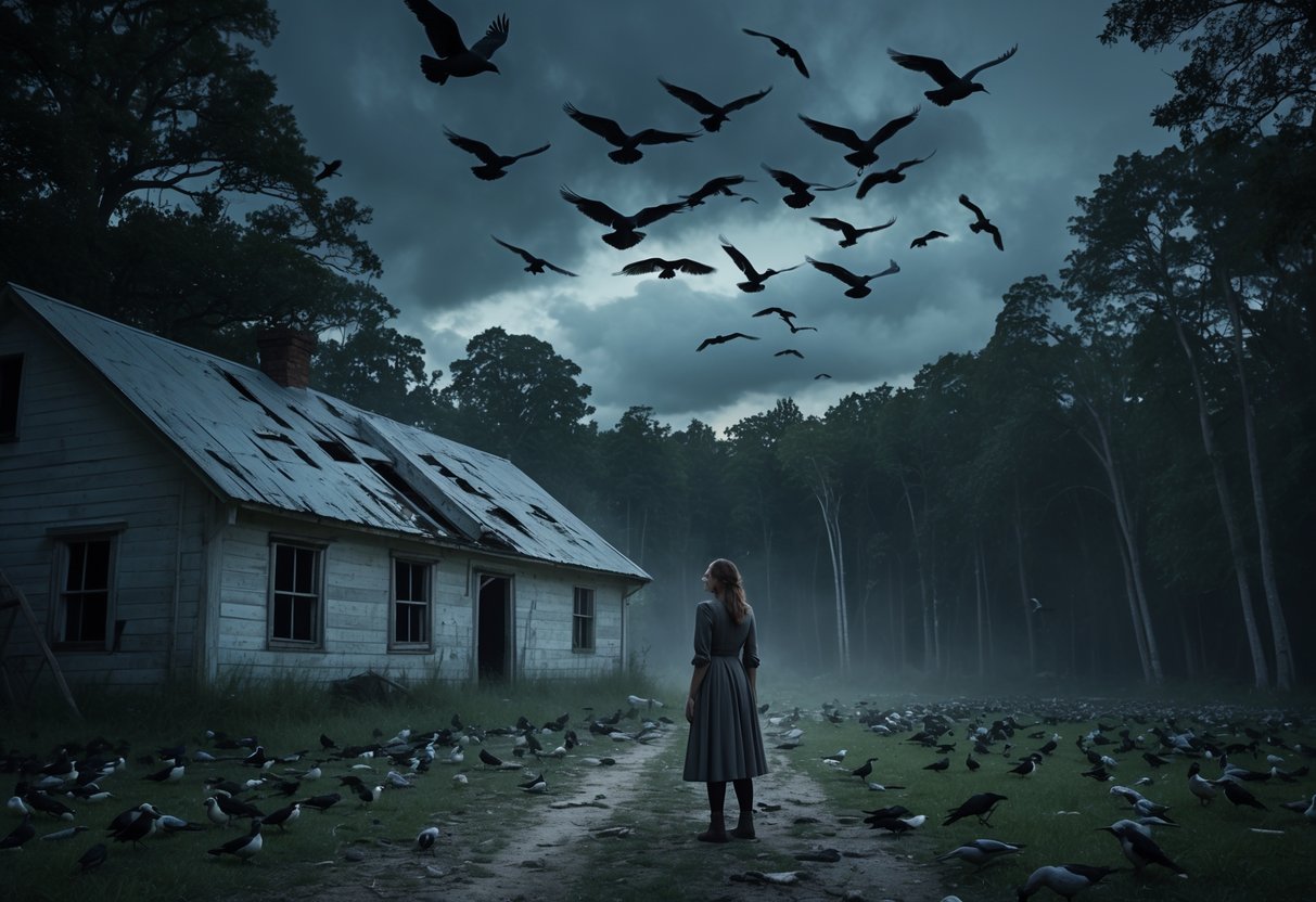 A woman stands outside a farmhouse looking anxiously at a large flock of birds circling in the sky at dusk.