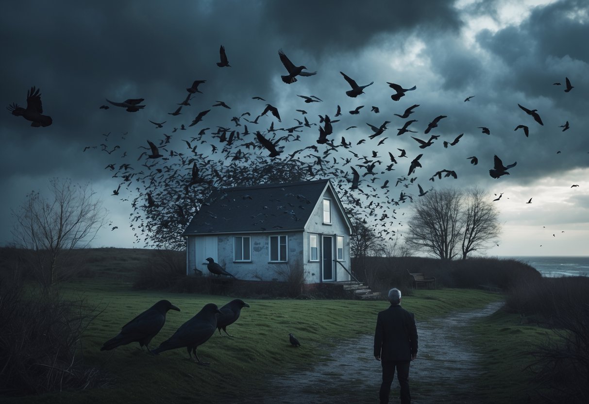 A small coastal house surrounded by dark storm clouds and hundreds of circling black birds, with a lone figure standing nearby looking up at the birds.