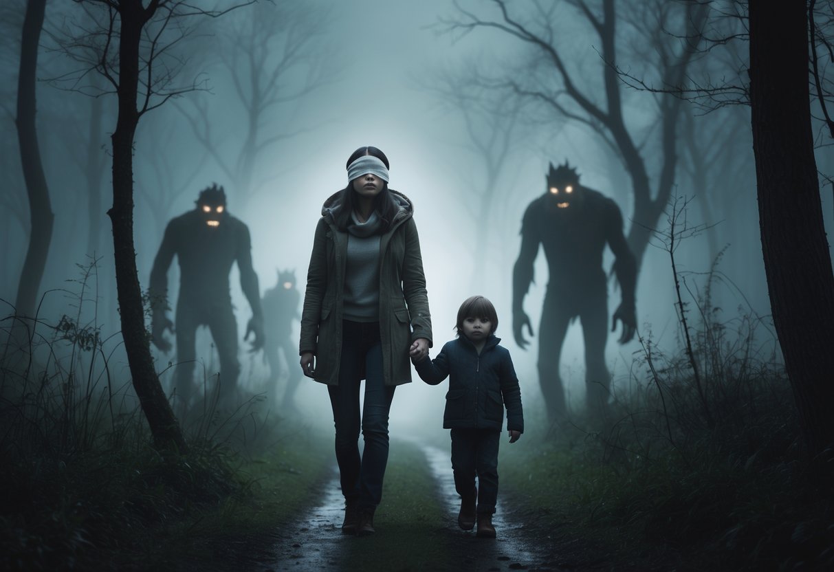 A blindfolded person holding a child's hand walks through a foggy forest with shadowy monsters lurking in the background.