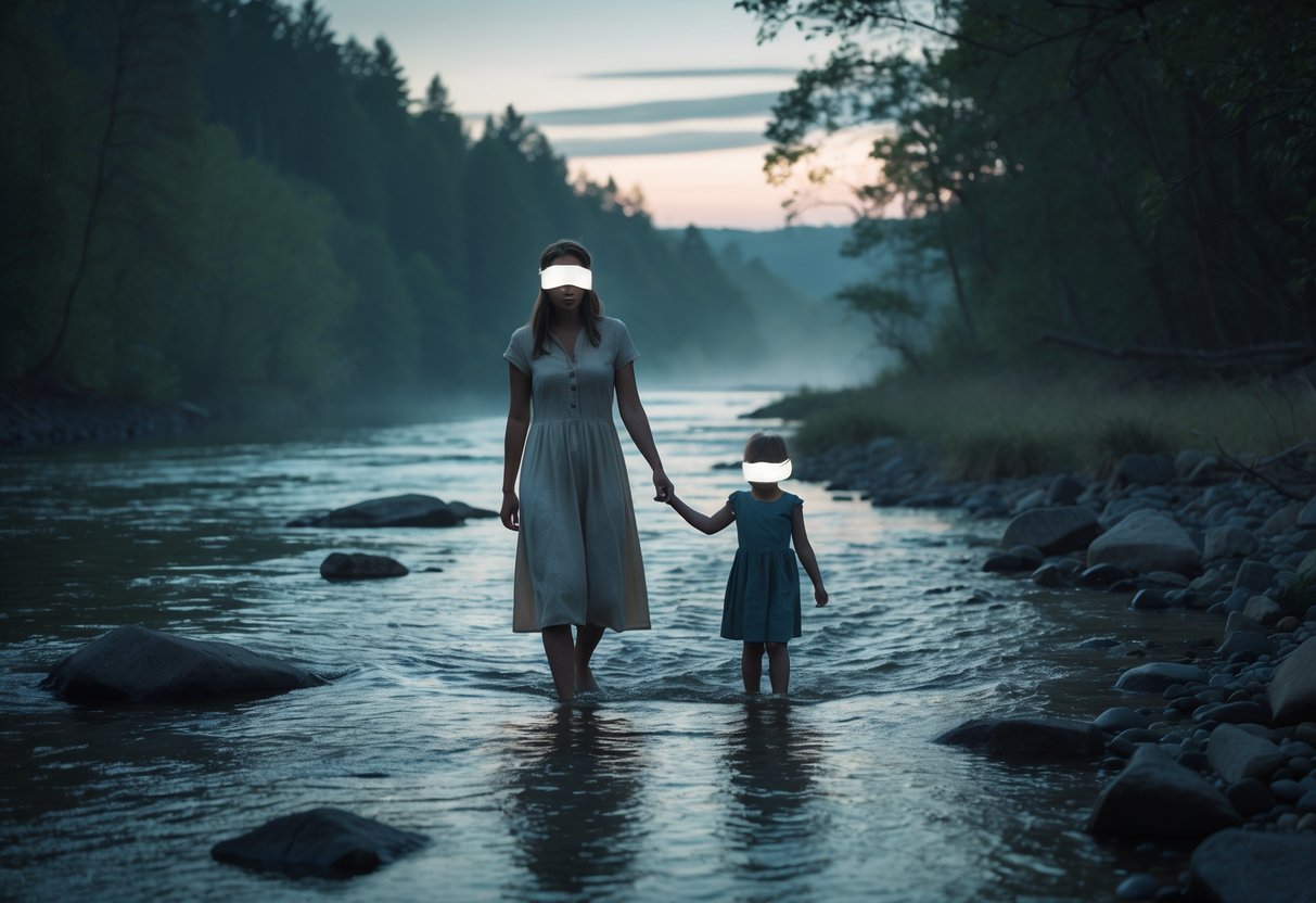 A woman and a child wearing blindfolds walk hand in hand through shallow river water surrounded by forest at dusk.