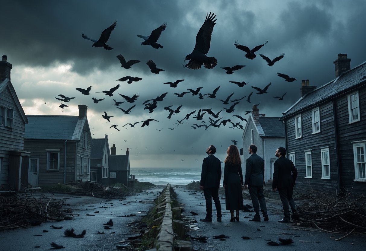 A group of people standing on a deserted street in a coastal town looking nervously at flocks of black birds circling overhead under dark stormy clouds.