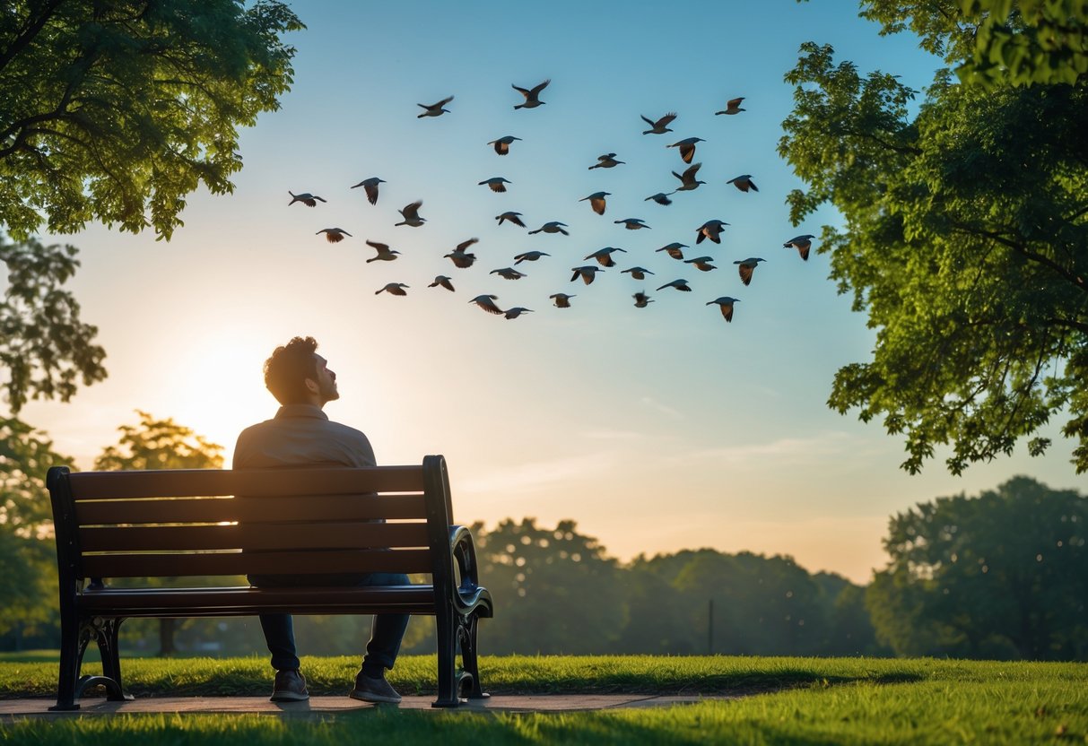 A person sitting on a park bench looking up at birds flying in the sky surrounded by trees.