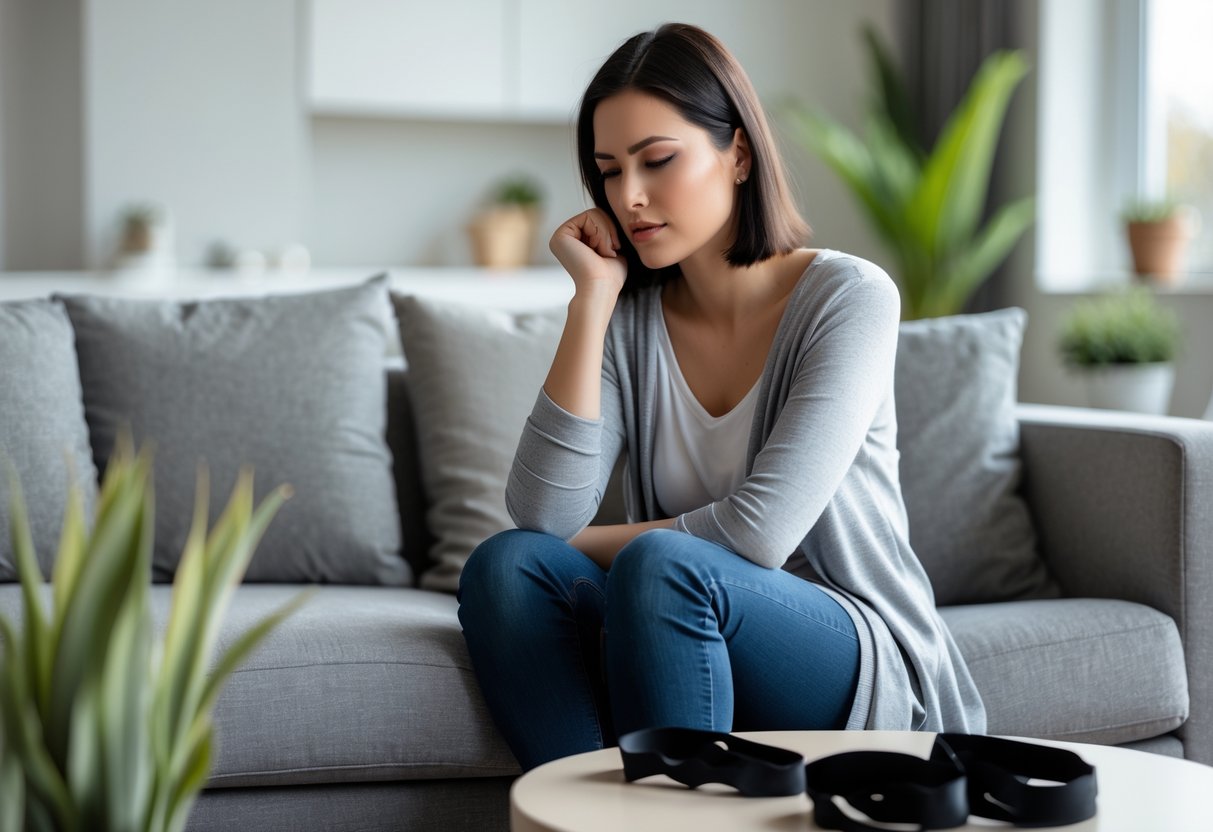 A woman sitting alone on a couch in a living room, looking thoughtful with a pair of black blindfolds on a nearby table.