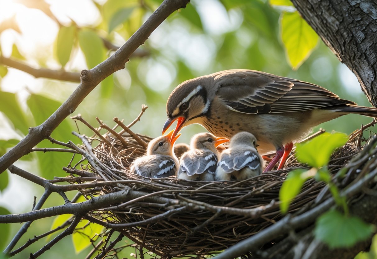 A mother bird feeding her chicks in a nest on a tree branch surrounded by green leaves.