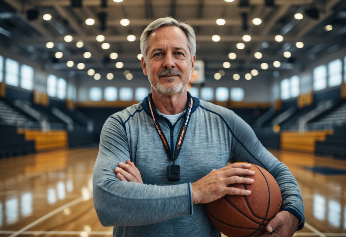 A middle-aged man holding a basketball standing on an indoor basketball court.