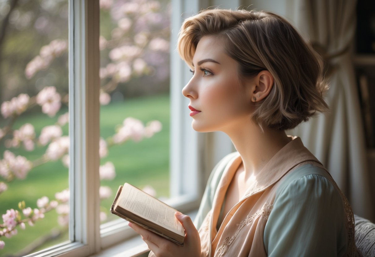 A young woman with short hair sitting by a window, looking thoughtfully outside while holding a small book.