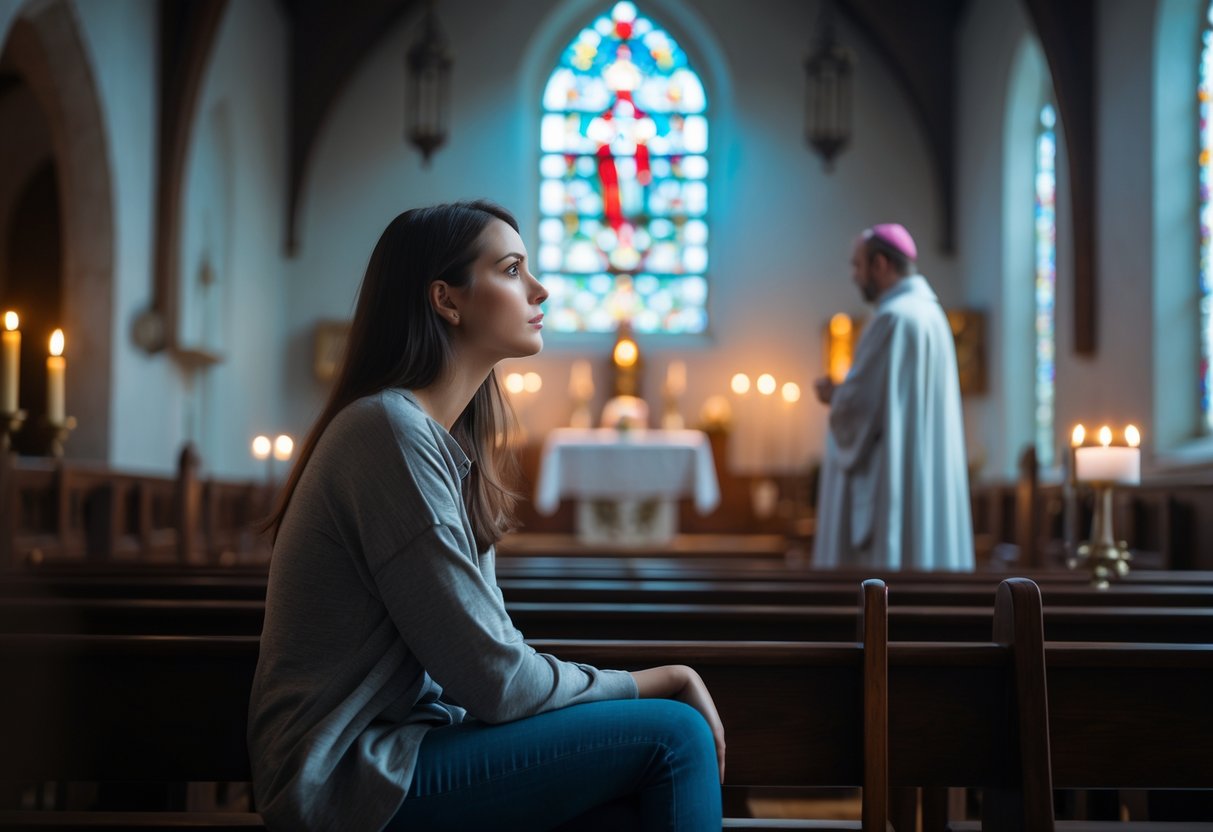 A young woman sitting alone in a church pew looking thoughtfully toward a priest standing near the altar.