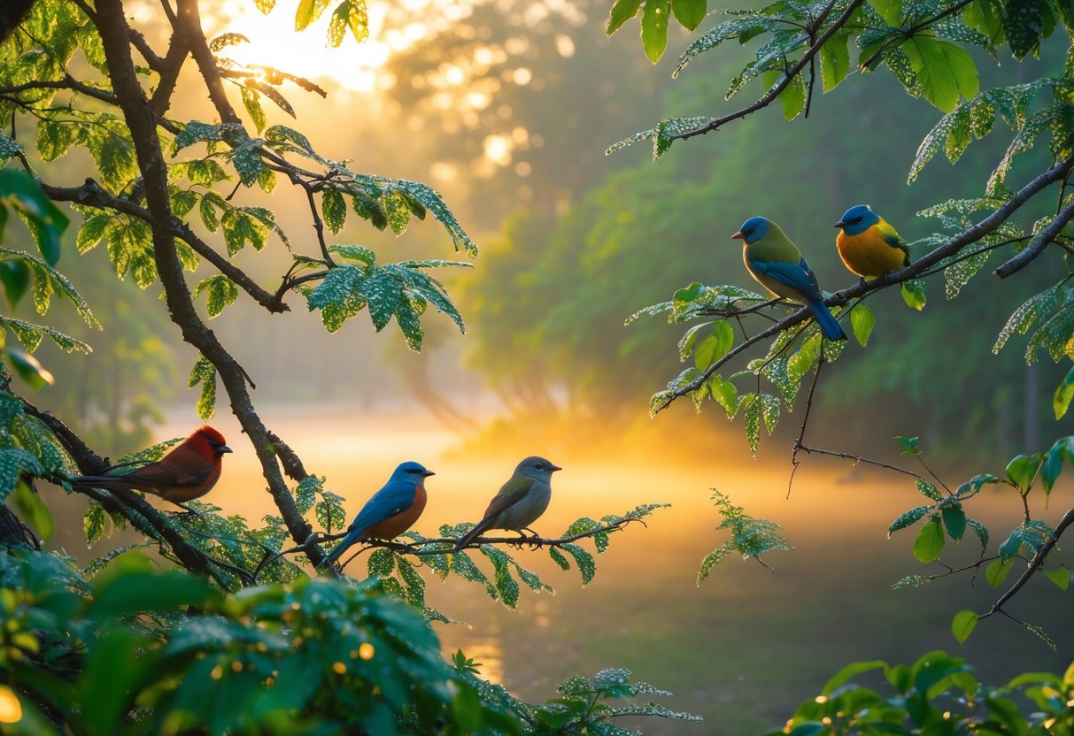 A peaceful forest scene with colorful birds perched on dew-covered tree branches near a misty pond at dawn.
