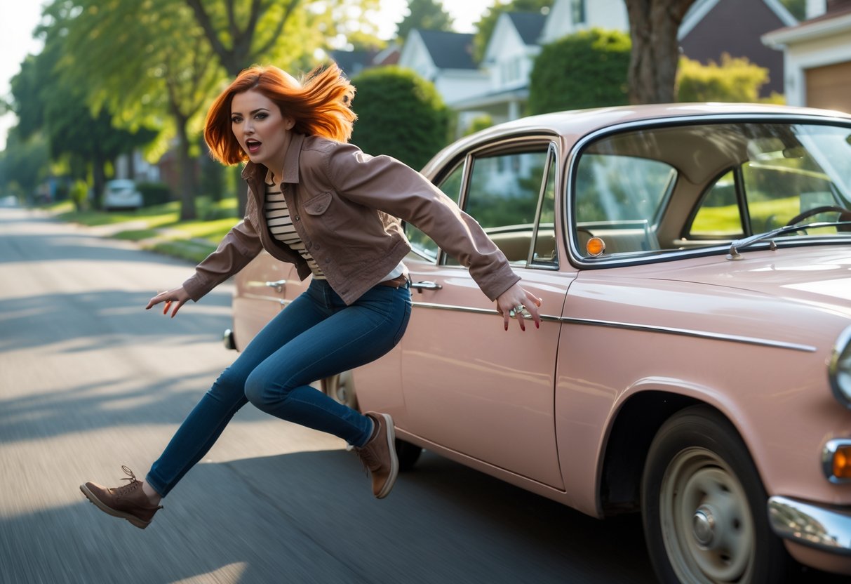 A young woman jumps out of a moving vintage car on a tree-lined street during the day.