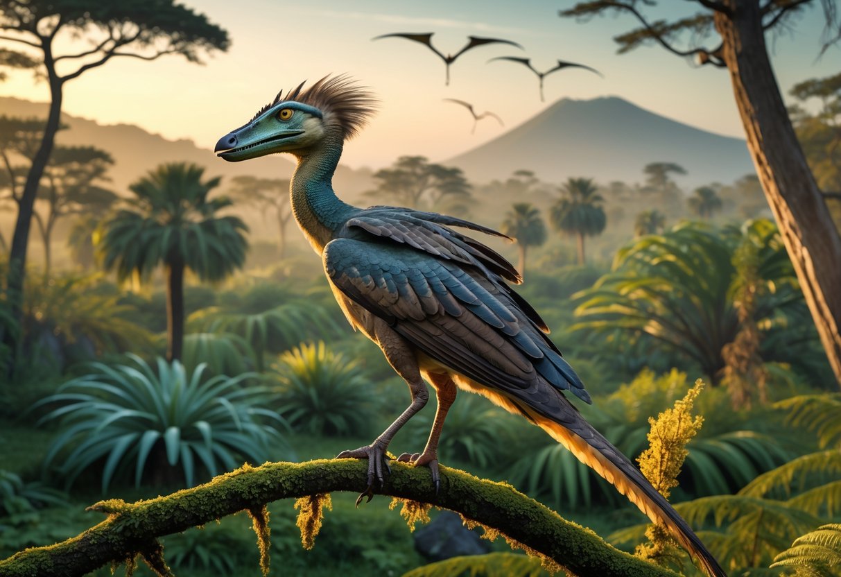An Archaeopteryx bird perched on a branch in a prehistoric forest at dawn with ferns and distant mountains.