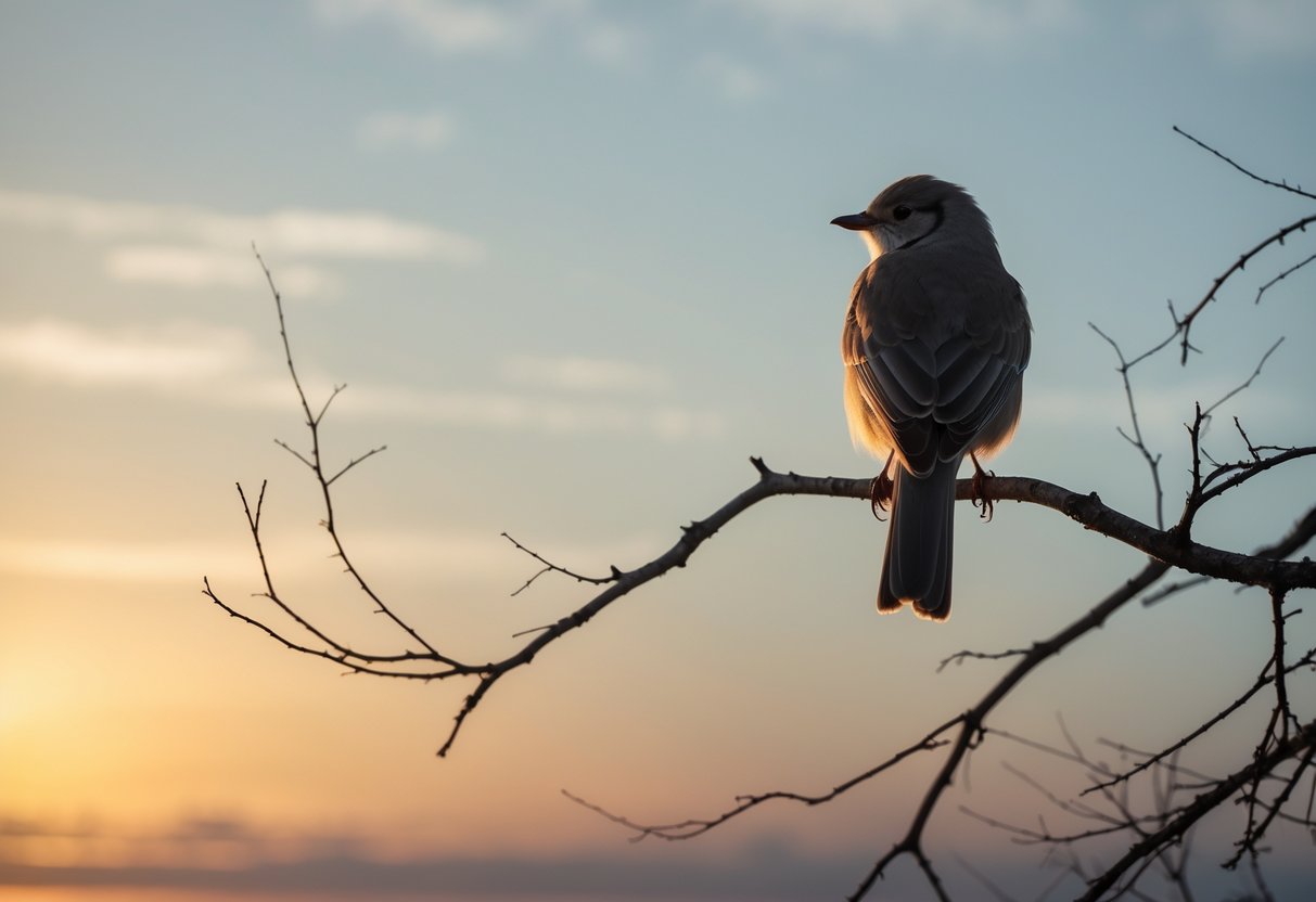 A bird perched quietly on a bare tree branch at sunset with a colorful sky in the background.