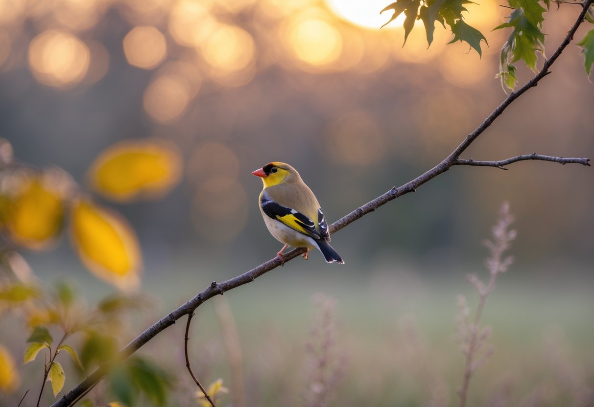 A goldfinch bird perched quietly on a branch surrounded by autumn leaves at dusk.
