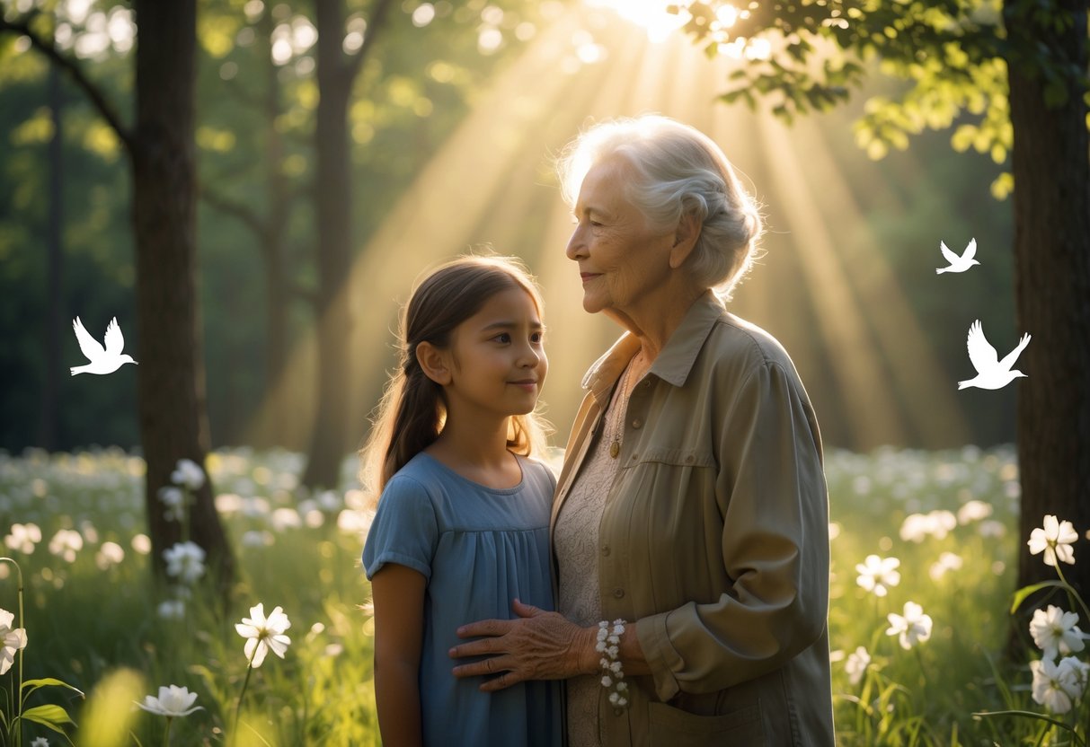 A young girl and an elderly woman stand together in a sunlit forest clearing, surrounded by trees and white birds flying in the sky.