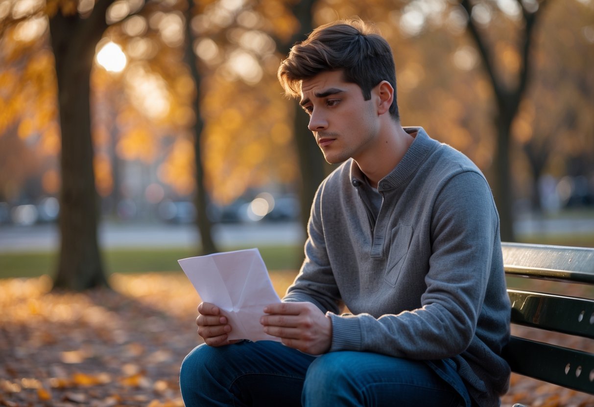 A young man sitting alone on a park bench holding a letter, looking thoughtful and reflective in a sunlit autumn park.