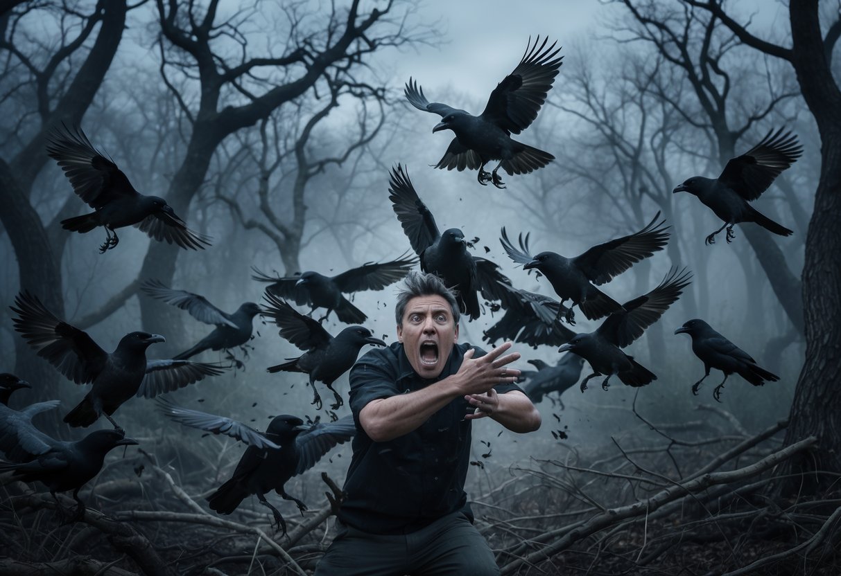 A person in a dark forest is surrounded and attacked by a swarm of aggressive birds.