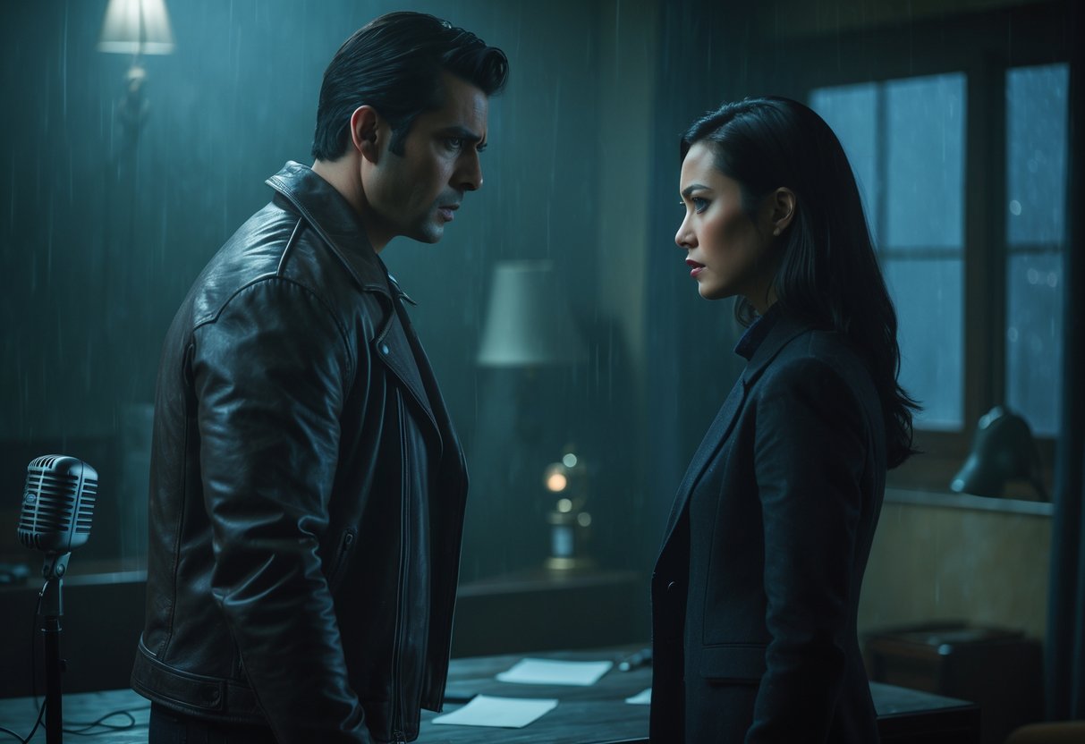 Two serious people face each other in a dimly lit room with rain visible through a window, showing a tense and emotional moment.