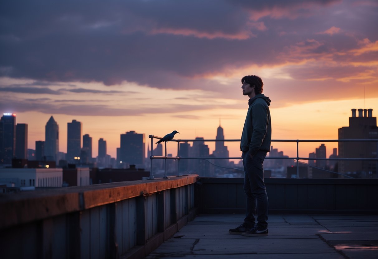 A young person stands on a rooftop at sunset, looking thoughtfully at the city skyline with a small bird perched nearby.