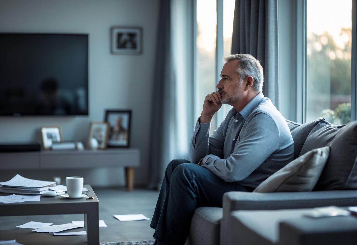 A man sitting on a sofa in a living room, looking thoughtful and reflective while gazing out a window.