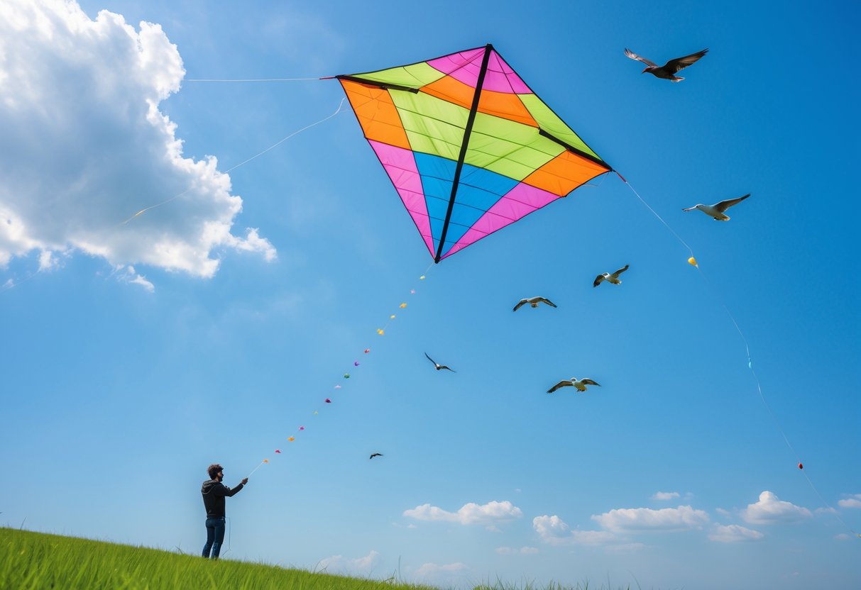 A colorful kite flying in the sky alongside several birds above a green meadow with a person holding the kite string.