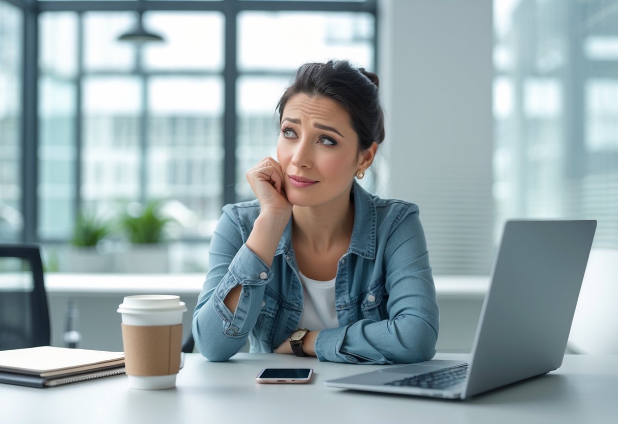 A young woman sitting at a desk in an office looking thoughtfully at a laptop.