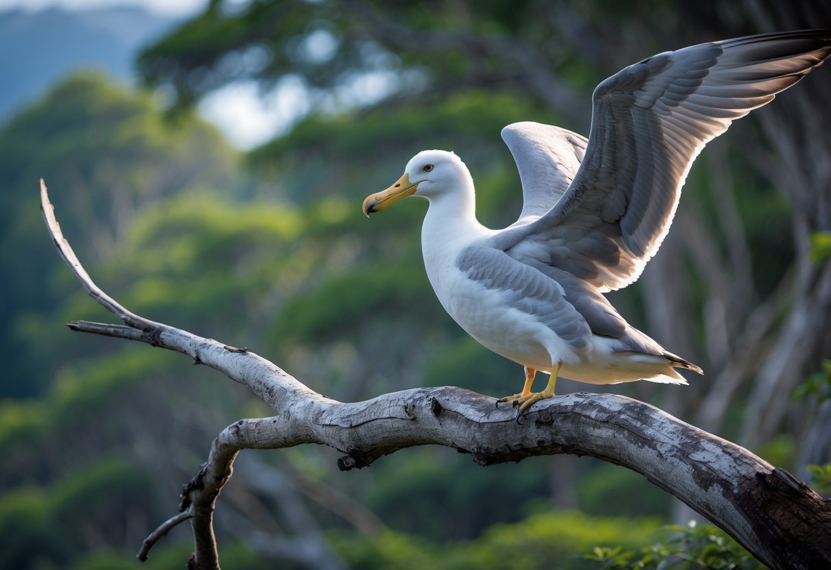 A large albatross perched on a tree branch in a forest with green leaves and blue sky in the background.