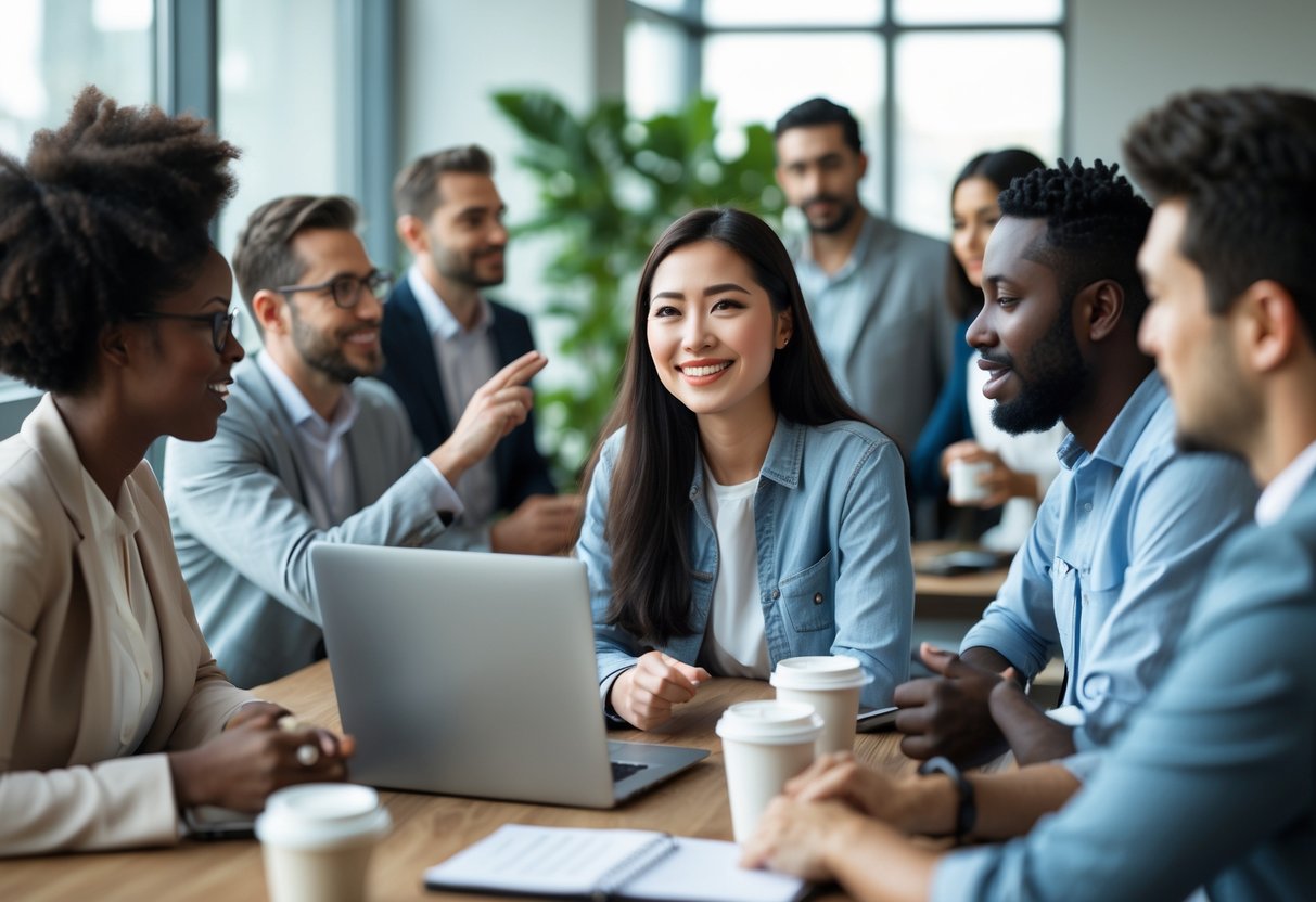 A group of people having a thoughtful discussion around a table in a bright office.