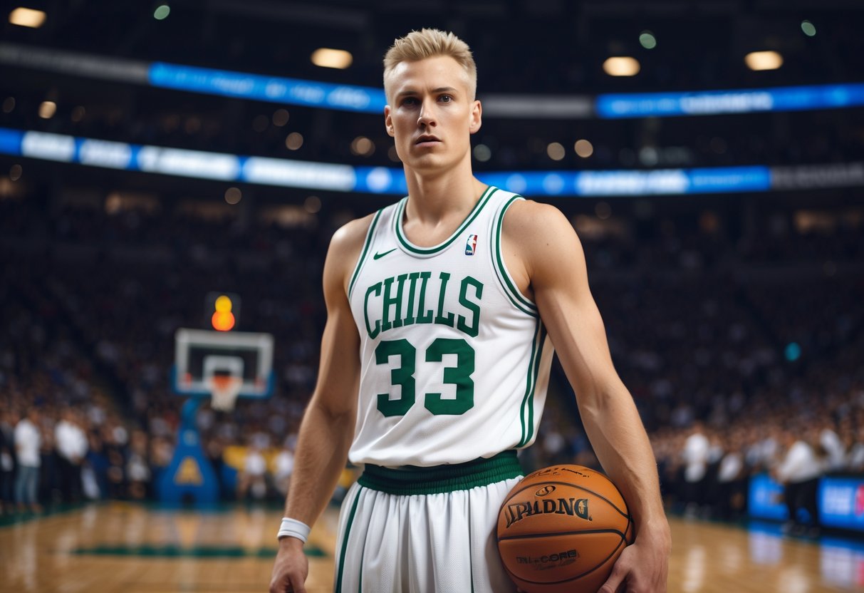 A male basketball player in a white and green uniform holding a basketball on an indoor court.