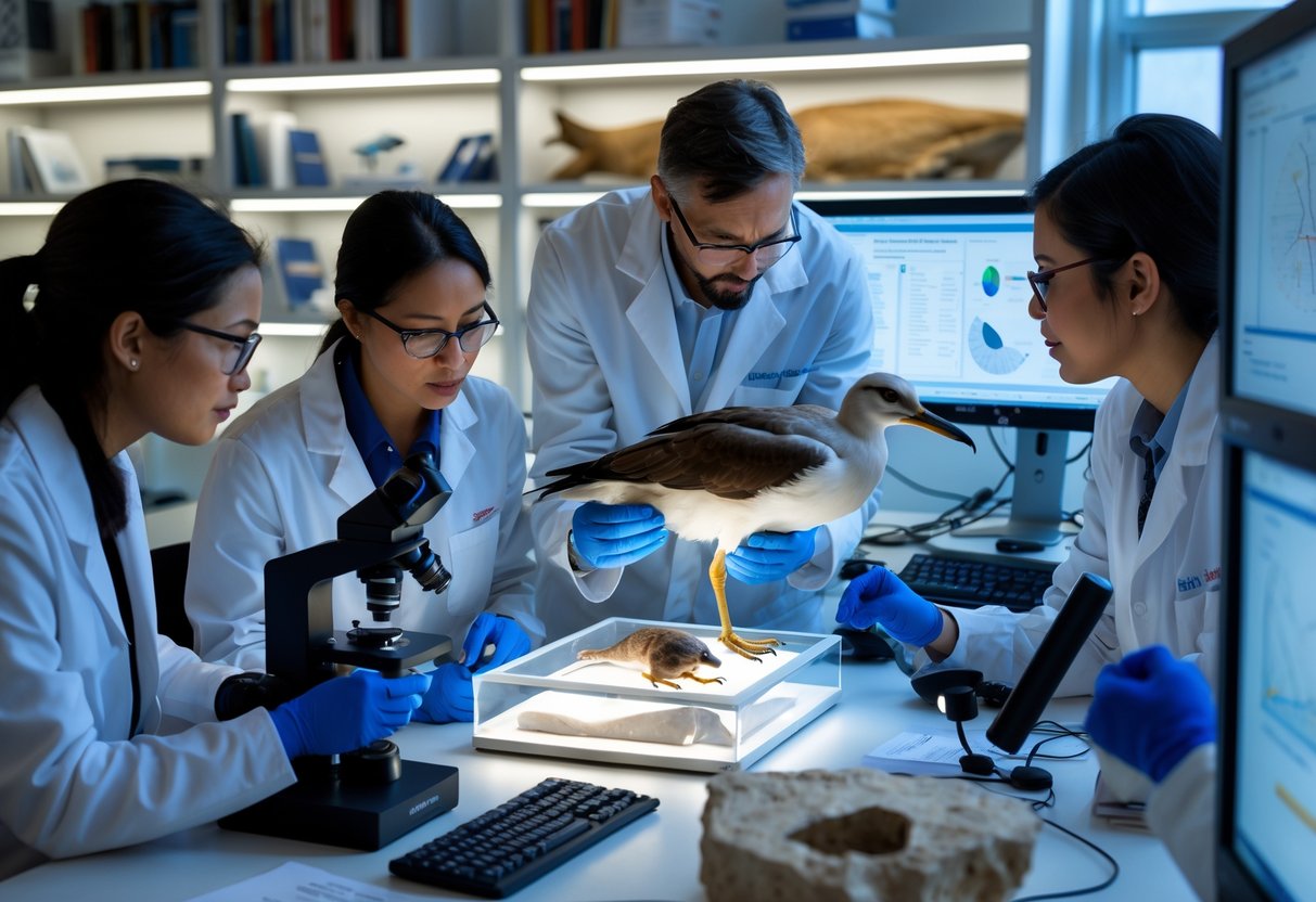 Scientists in a laboratory examining a preserved large seabird specimen with scientific equipment around them.