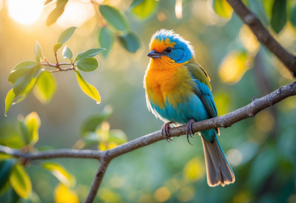 A colorful bird with a playful expression perched on a branch surrounded by green foliage.