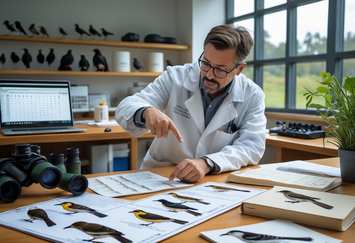 An ornithologist in a lab coat examines bird illustrations and notes on a table, pointing at a chart while surrounded by research equipment in a bright room.