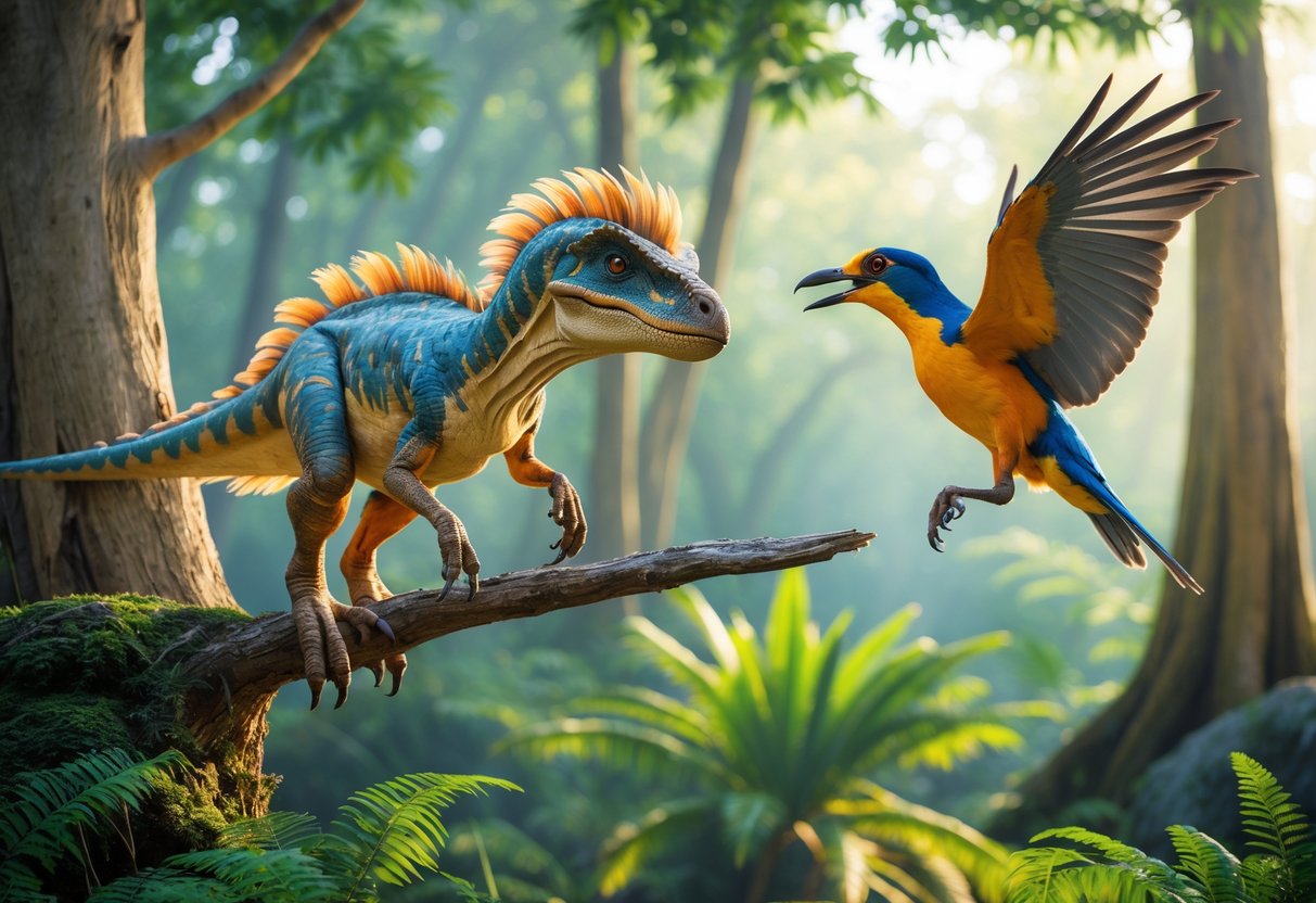A feathered dinosaur perched on a branch next to a modern bird in a prehistoric forest setting.