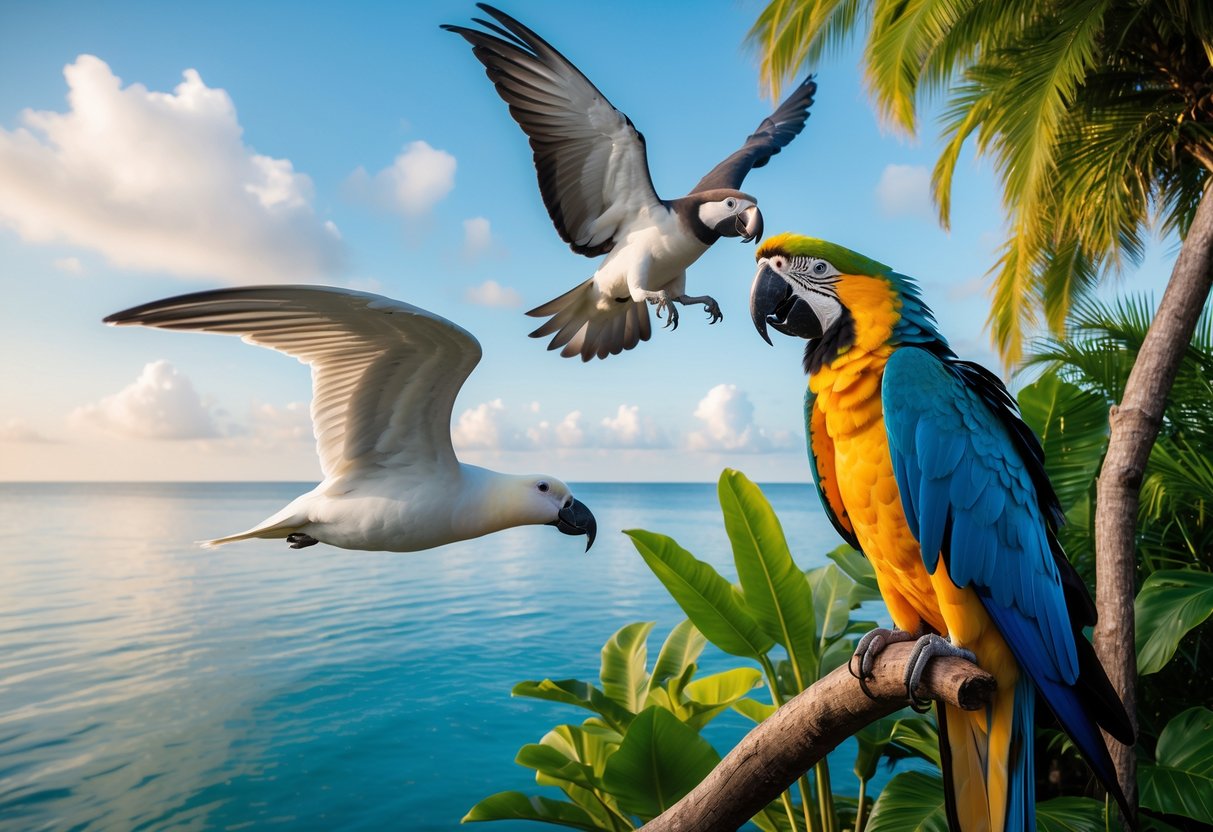A group of long-lived birds including an albatross flying over the ocean, a macaw perched on a tree branch, and a cockatoo among tropical leaves.