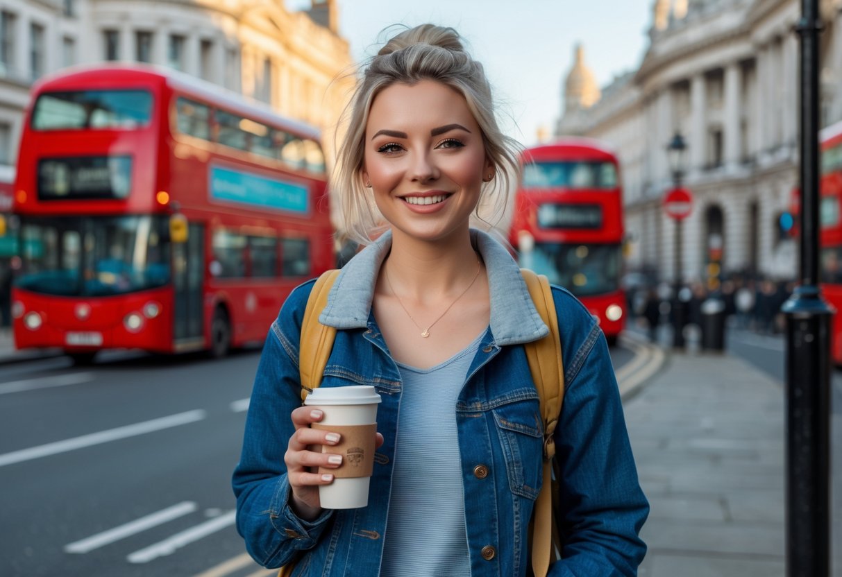 A young woman smiling and holding a coffee cup on a busy London street with red buses and buildings in the background.