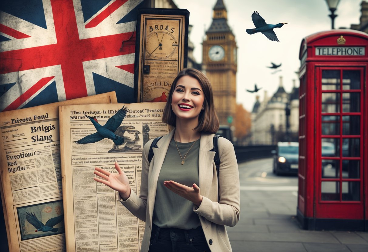 A young British woman smiling and gesturing on a London street with vintage newspapers, red telephone booth, and a double-decker bus in the background.