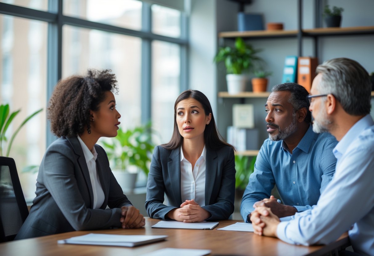 Three adults in an office having a thoughtful conversation with attentive expressions.