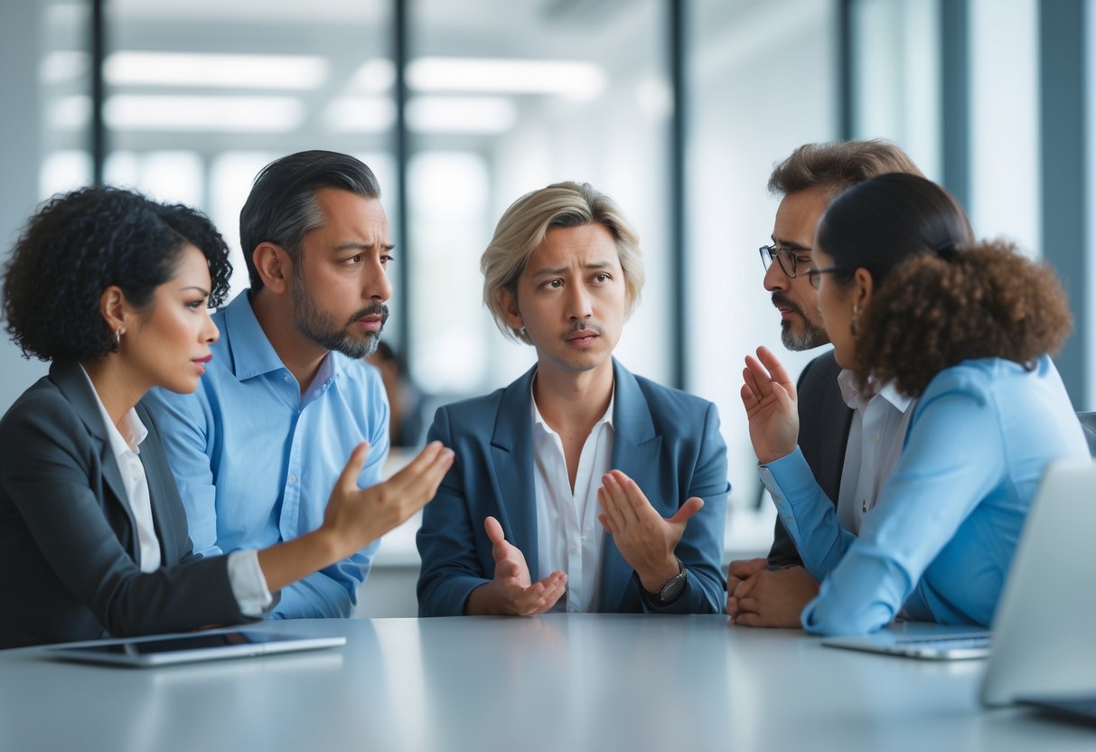 A group of adults in an office having a serious conversation, one person looks puzzled while another gestures during the discussion.