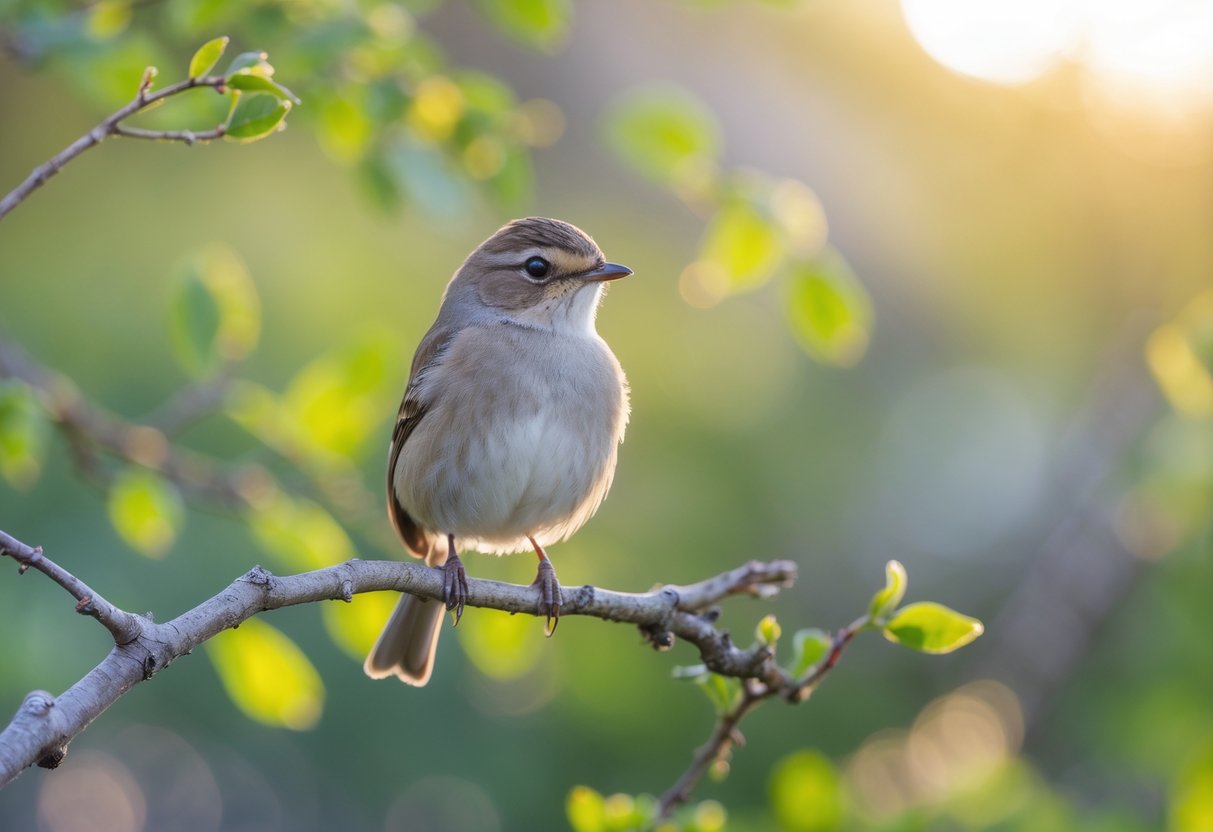 A small bird perched on a tree branch surrounded by green leaves in daylight.