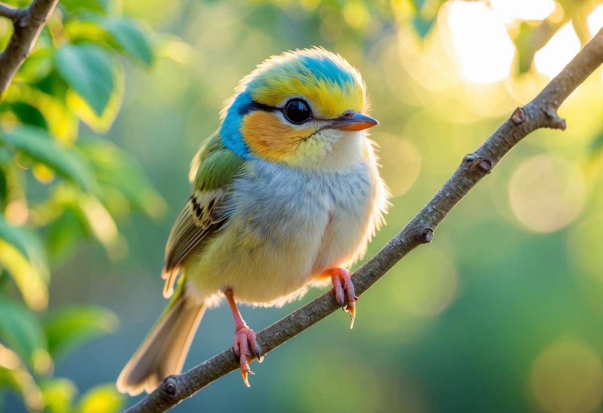 A small colorful bird perched on a branch with a blurred green background.