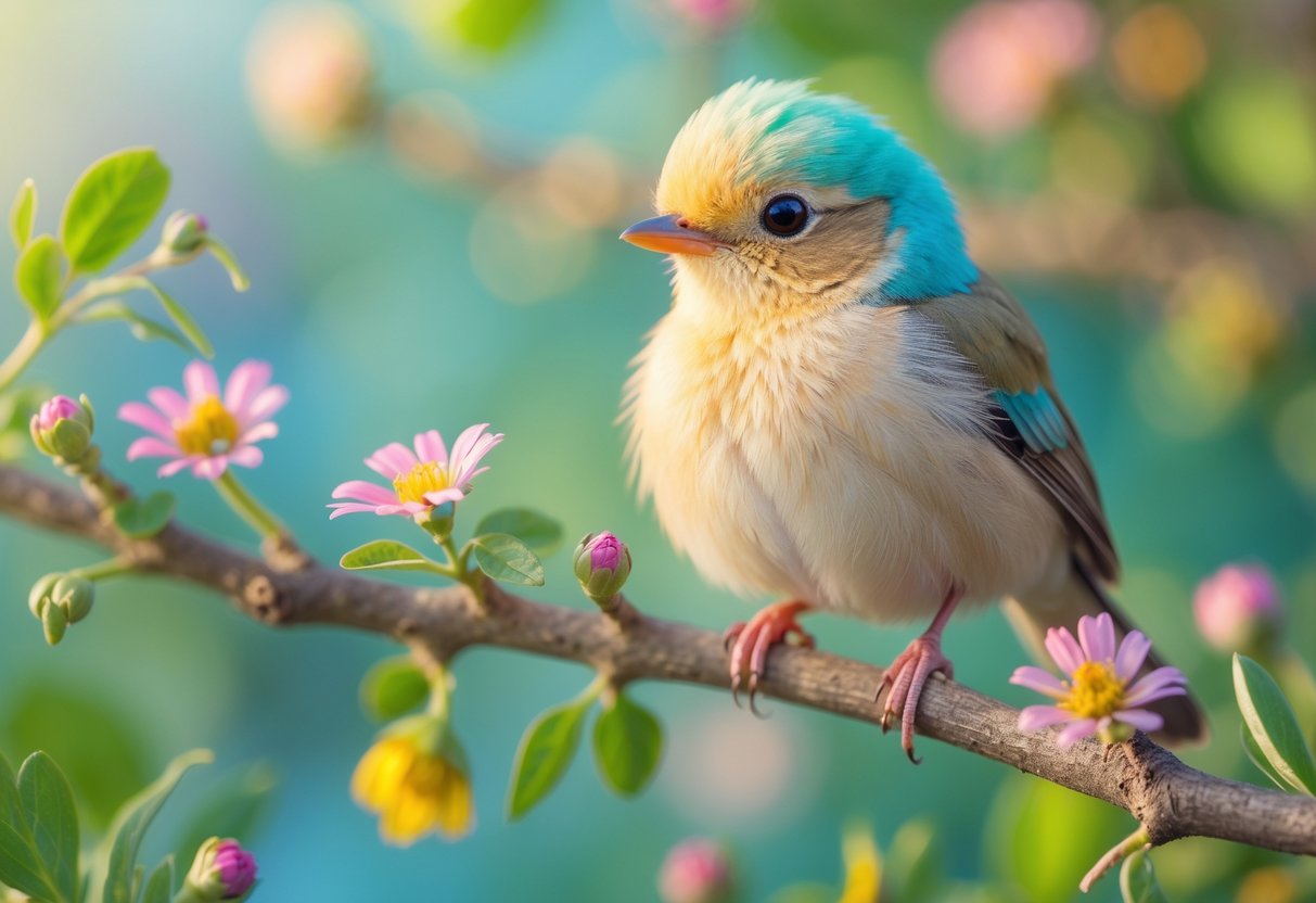 Close-up of a small colorful bird perched on a branch with green leaves and flowers in the background.